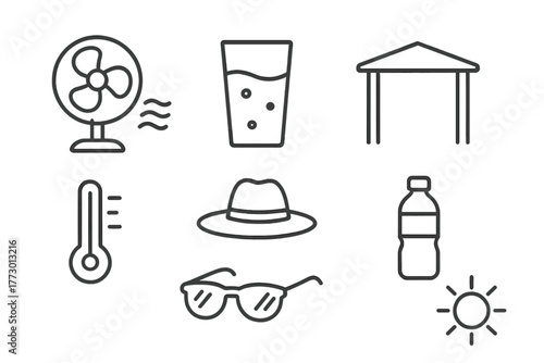 Heatwave Comfort Icons. Line style icons of Heatwave Comfort: Fan, Hydration, Shade, Thermometer, Sun Hat, Sunglasses, Water