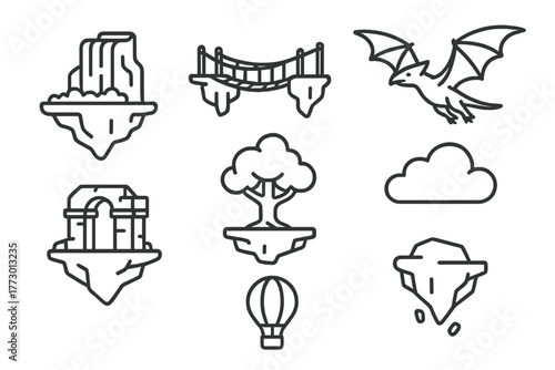 Suspended Archipelago Icons. Line style icons of Suspended Archipelago: Waterfall, Rope Bridge, Flying Creature, Ancient Ruins,