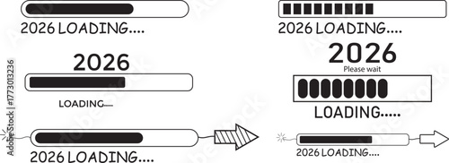 2026 loading bar doodle hand-drawn icon. loading  rocket screen displaying the year 2026. 2026 loading background vector illustration
