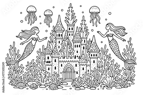 Undersea Enchanted Castle. Enchanted castle under the sea with coral towers, mermaids swimming, and jellyfish lanterns, black and