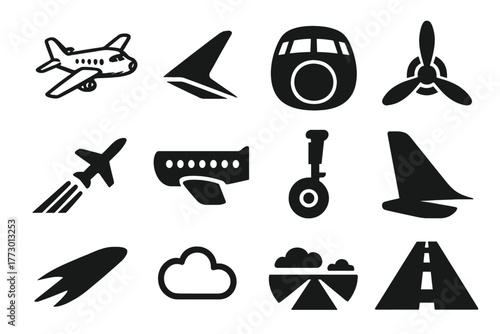 Aviation Iconic Elements. Solid style icons of Airplane inspiration: plane sketch, wing design, cockpit illustration, propeller