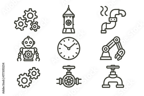 Clockwork City Icons. Line style icons of Clockwork City: Giant Gears, Mainspring Tower, Steam Pipe, Automaton, Cogs, Clock Face,