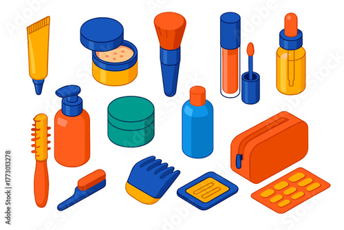 Cosmetic Icons Set. Isometric vector illustration set Makeup, Skincare, and Grooming: eye primer tube, setting powder jar, powder