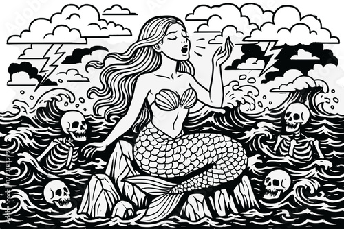 Siren's Stormy Serenade. Otherworldly siren singing on sharp rocks surrounded by stormy waves, skeletons, and storm clouds, black