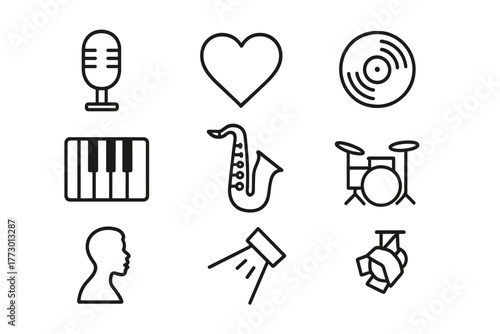 Soul Music Icons. Line style icons of Soul Music: Microphone, Heart, Vinyl Record, Piano, Saxophone, Drum Kit, Singer Silhouette,