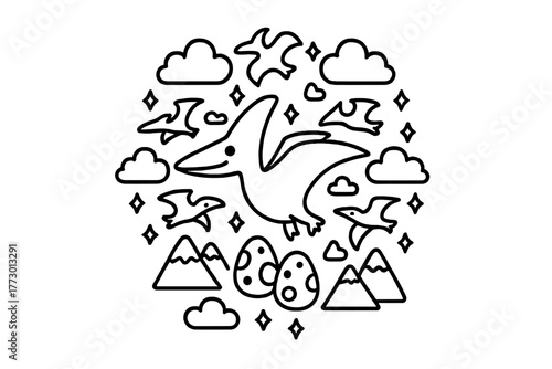 Pterodactyl Symmetry Art. Pterodactyl in the center with clouds, mountains, eggs, and flying shapes arranged in circular symmetry,