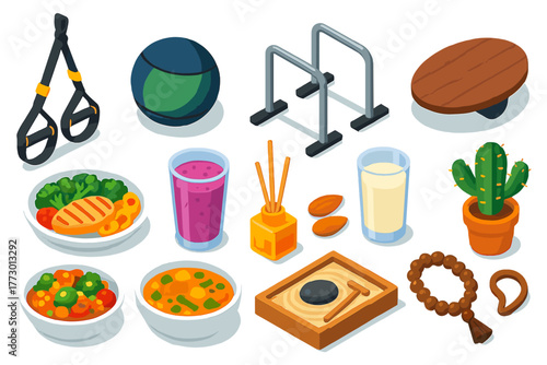 Healthy Living Icons. Isometric vector illustration set Healthy Lifestyle: TRX straps, medicine ball, dip bars, balance board,