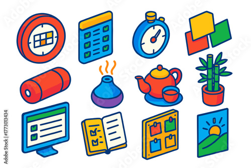 Productivity Essentials Icons. Isometric vector illustration set Productivity and Mindfulness: calendar ring, task tracker,