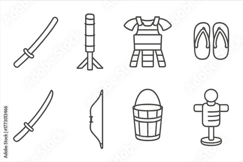 Samurai Training Icons. Line style icons of Samurai Training: Wooden Sword, Bamboo Target, Armor Stand, Sandals, Katana, Bow,