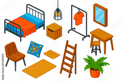 Vivid Bedroom Elements. Isometric vector illustration set bedroom elements collection: industrial metal bed, wooden crate