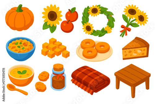 Autumn Harvest Icons. Isometric vector illustration set pumpkin, sunflower, apples, and more: pumpkin risotto bowl, diced pumpkin,