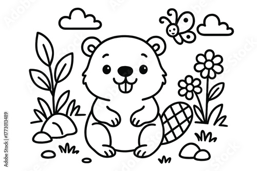Playful Beaver Line Art. A cute beaver in a playful scene with friendly details, black and white line art, children’s coloring