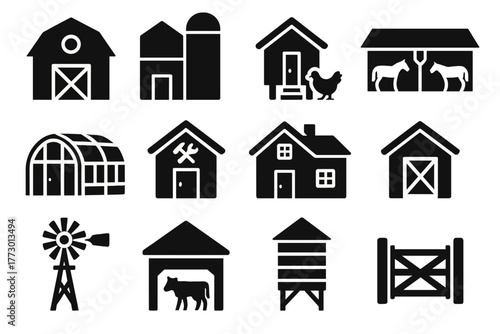 Farm Buildings Icons. Solid style icons of Farm buildings: barn, silo, chicken coop, stable, greenhouse, tool shed, farmhouse,
