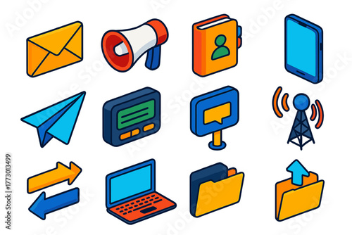 Communication Icons Set. Isometric vector illustration set Communication Essentials: envelope, megaphone, contact book, smartphone