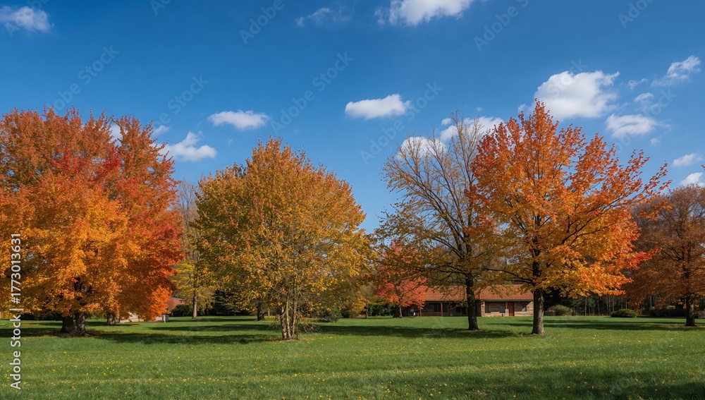 Naklejka premium An Array of Colorful Trees Under a Bright Blue Sky, an Open Green Field.