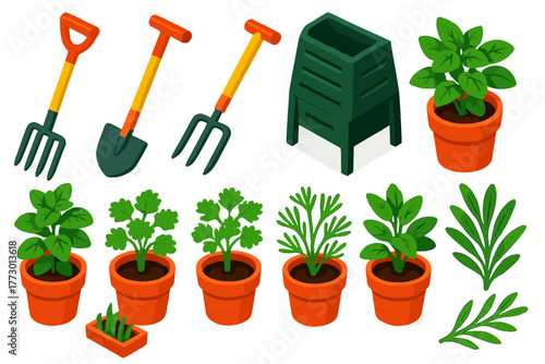 Isometric Garden Tools & Plants. Isometric vector illustration set featuring tools and plants: digging fork, edging tool,