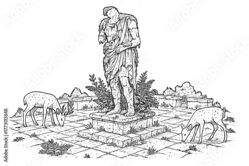 Abandoned Plaza Serenity. Crumbling statue in a forgotten plaza, covered in moss and ferns, with deer grazing around, black and