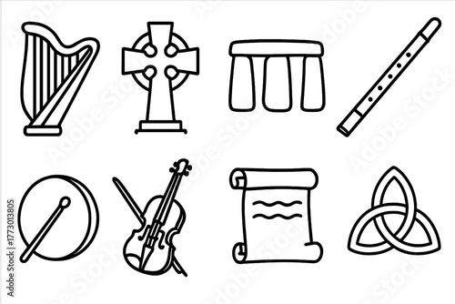Celtic Traditions Icons. Line style icons of Celtic Traditions: Harp, Celtic Cross, Stone Circle, Flute, Bodhrán, Fiddle, Ancient