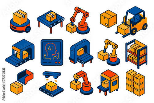 Futuristic Delivery Automation. Isometric vector illustration set delivery and shipping: warehouse robot, automated conveyor,