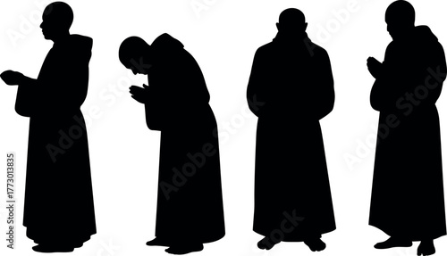 Silhouette of Buddhist Monks in Meditation and Prayer for Peace