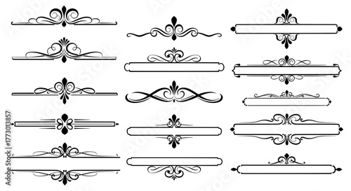 Set of vintage decorative elements including calligraphic dividers, text frames, and ornamental borders. Vector illustration isolated on a white background.