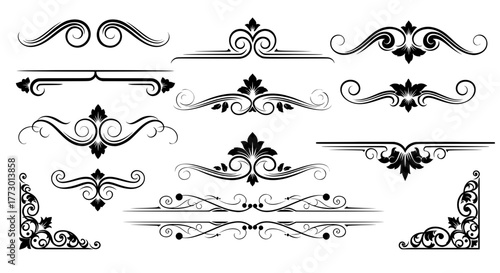 Collection of elegant vintage calligraphic ornaments with floral motifs. Decorative page dividers, scrollwork, and corner elements for classic design.