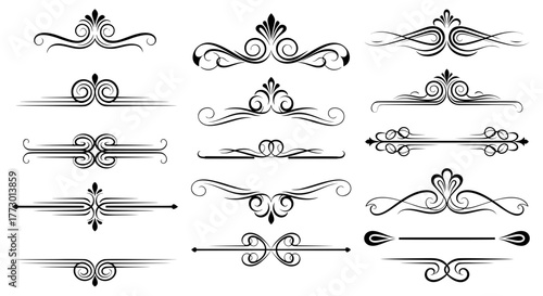 Set of classic calligraphic swirls and ornamental page dividers. Elegant vintage flourish design elements for text decoration, isolated on a white background.