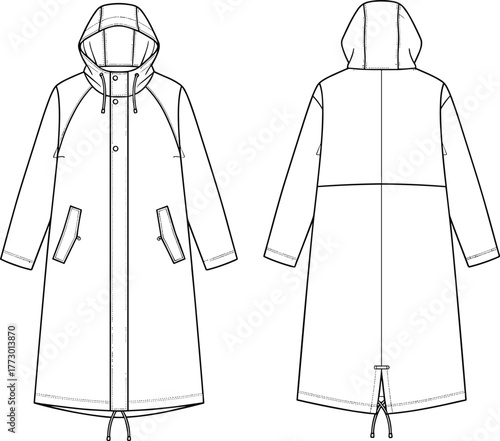 technical coat sketch, front and back view, hooded long coat design, zipper and snap closure, drawstring hem detail, fashion illustration, garment template