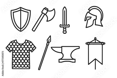 Warrior's Armory Icons. Line style icons of Warrior’s Armory: Shield, Axe, Sword, Helmet, Chainmail, Spear, Anvil, Banner, No text