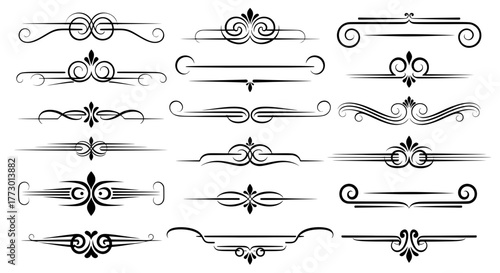 Set of elegant classic calligraphic ornaments and decorative borders. Vintage vector swirls and filigree for page dividers isolated on a white background.
