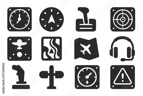 Aviation Equipment Icons. Solid style icons of Aviation equipment and instruments: altimeter, compass, throttle, radar, autopilot,