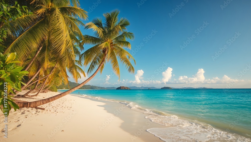 Obraz premium Azure Coast with Palms and Gentle Surf, Soft Shadows on the Fine Sand.