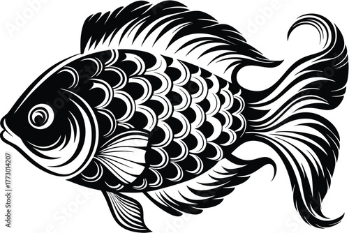 Elegant stylized fish swims toward the left with elaborate details shown