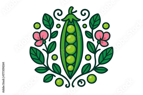 Symmetrical Pea Pod Art. Pea pod in the center with beans, leaves, blossoms, and tendrils forming a balanced circular symmetry,