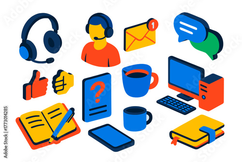 Bold Customer Support Icons. Isometric vector illustration set headset, support agent, email, messaging, feedback, inquiry: call