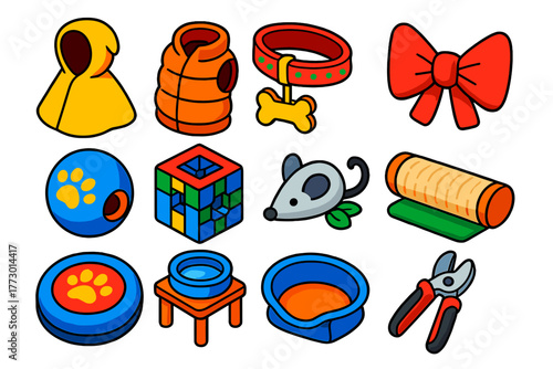 Pet Accessories Collection. Isometric vector illustration set designs for dog and cat lovers: rain poncho, puffer vest, festive