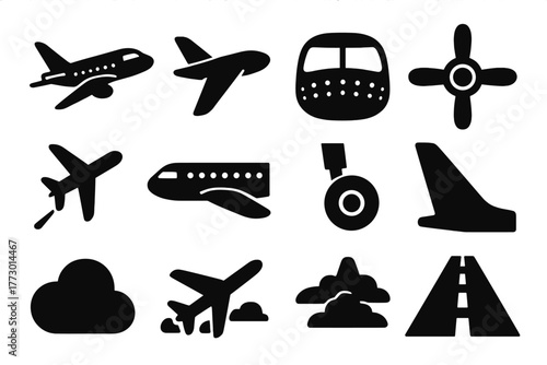 Aviation Iconic Elements. Solid style icons of Airplane inspiration: plane sketch, wing design, cockpit illustration, propeller