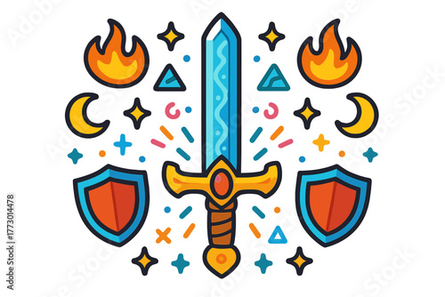 Magical Sword and Shields. Enchanted sword in the center with shields, flames, moons, and magical runes radiating outward in