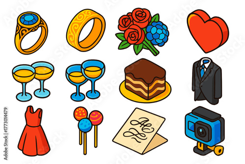 Wedding Icons Illustrations. Isometric vector illustration set rings, flowers, heart, toast, cake, card, dress, camera: antique