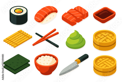 Isometric Sushi Icons. Isometric vector illustration set cooking themes: sushi roll, nigiri, sashimi slices, soy sauce dish,