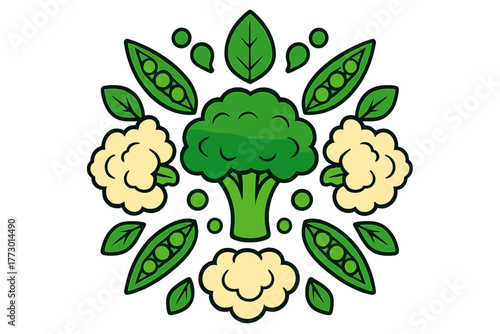 Vegetable Mandala Design. Broccoli in the middle with cauliflower, beans, peas, and leaves radiating outward in healthy mandala