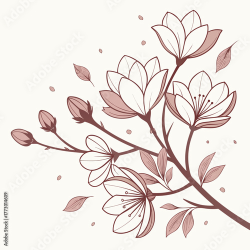 Delicate pink magnolia flowers and buds bloom on a branch with falling petals and leaves against a soft cream background in a minimalist line art style abstract floral background with flowers