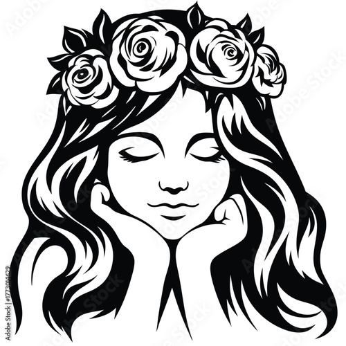 Elegant woman adorned with rose crown rests chin pensively in a monochromatic image