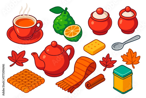 Autumn Tea Icons. Isometric vector illustration set autumn drinks and tea: Earl Grey tea cup, bergamot fruit, sugar bowl, teaspoon