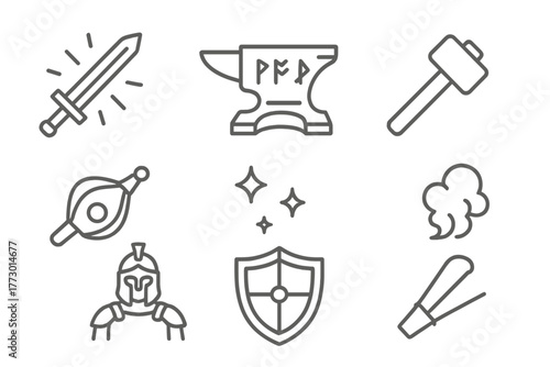Legendary Forge Icons. Line style icons of Legendary Forge: Glowing Sword, Rune-Engraved Anvil, Hammer, Bellows, Fire Sparks,