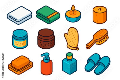 Isometric Bath Essentials. Isometric vector illustration set featuring towel, candle, and bath supplies: plain white towel,