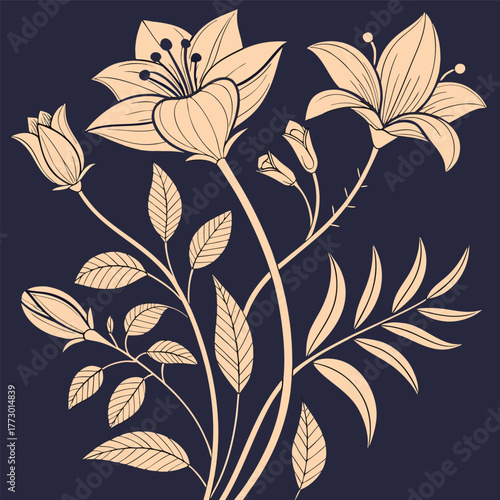 Elegant beige floral illustration with blooming lilies and leaves against a dark navy blue decorative botanical design floral background with flowers