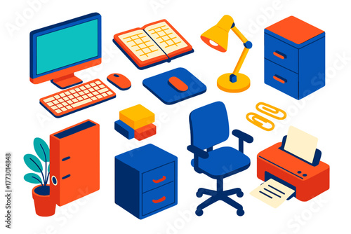 Minimalist Office Essentials. Isometric vector illustration set Minimalist Office Essentials: desktop computer, keyboard, mouse