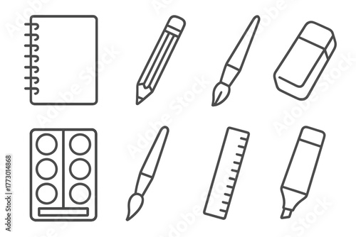 Art Supplies Icons. Line style icons of Art Supplies: Sketchbook, Pencil, Ink Pen, Eraser, Watercolor Palette, Paintbrush, Ruler,