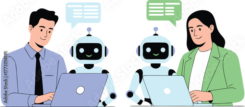 Human-robot interaction illustrating AI chatbots assisting professionals with digital communication, automated business solutions, and future technological efficiency